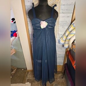 Vtg Navy Blue Chiffon Romantic Flowy Maxi Dess Chiffon Overlay Rosette Detail